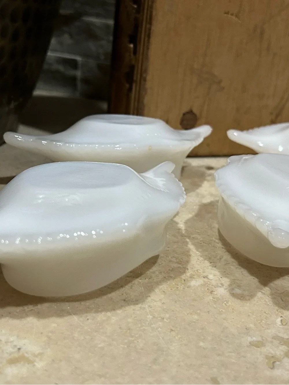 5 vintage Glasbake milk glass individual crab baking dishes